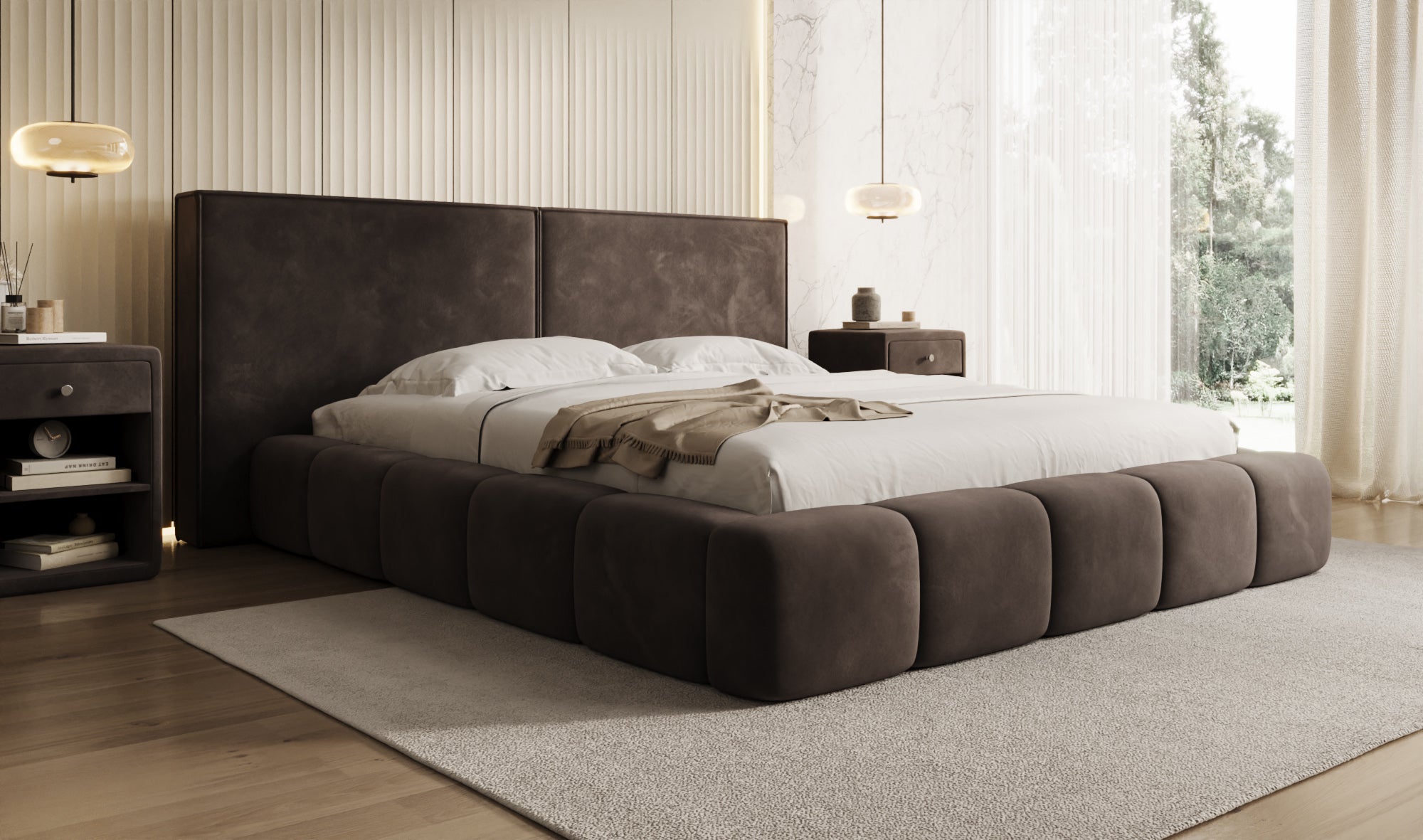 Designer upholstered bed Elise in velvet with storage