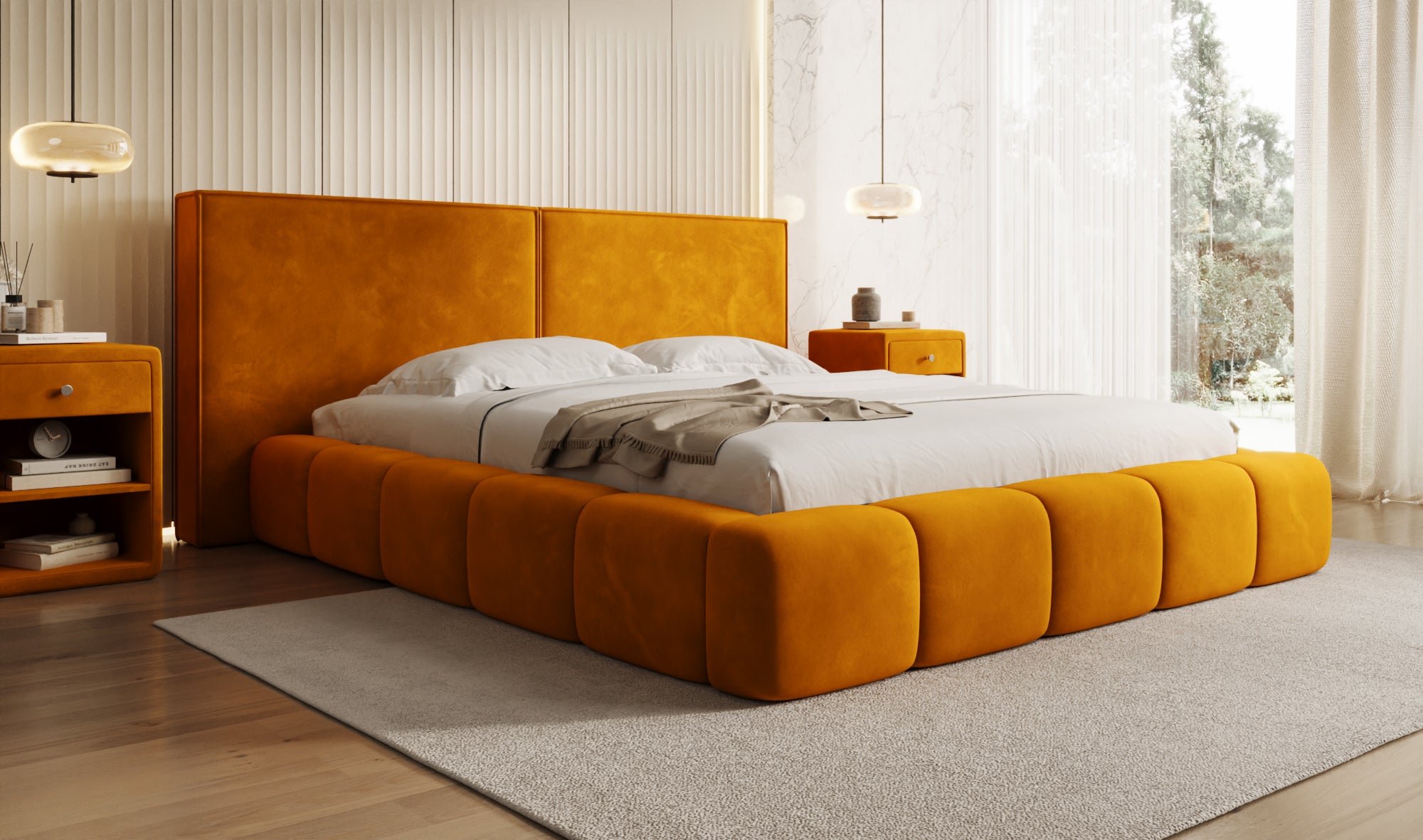 Designer upholstered bed Elise in velvet with storage