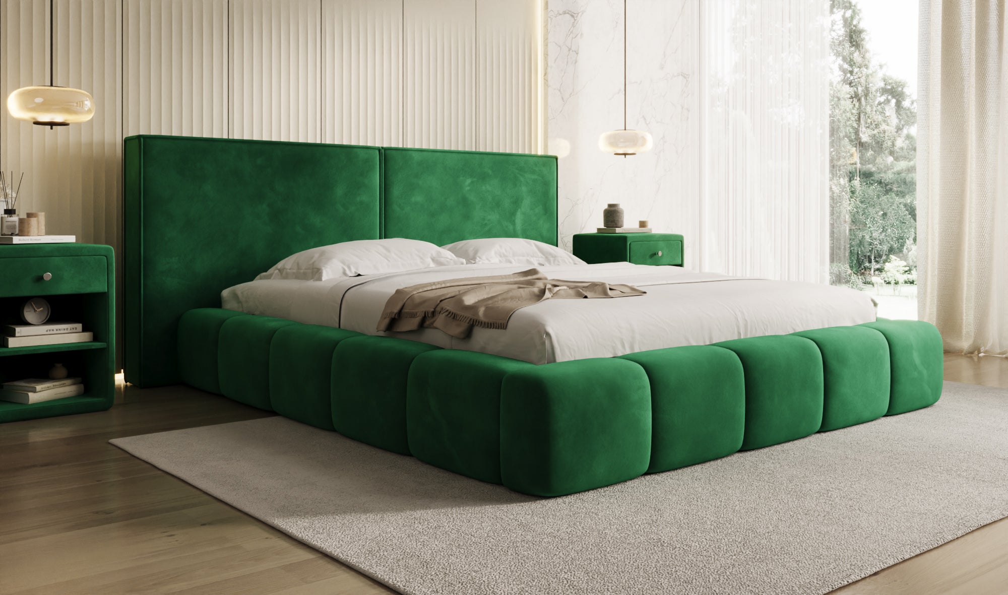 Designer upholstered bed Elise in velvet with storage