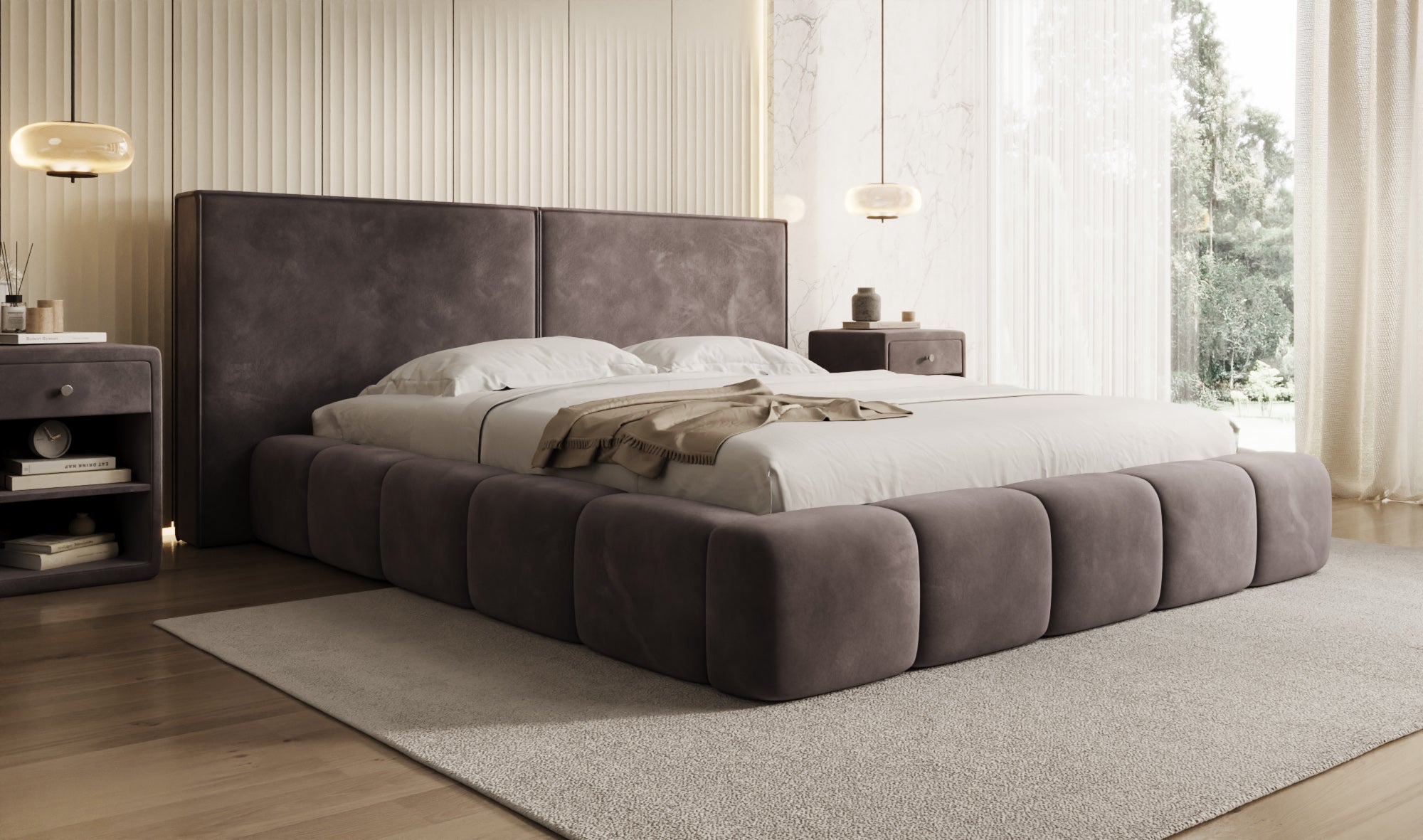 Designer upholstered bed Elise in velvet with storage