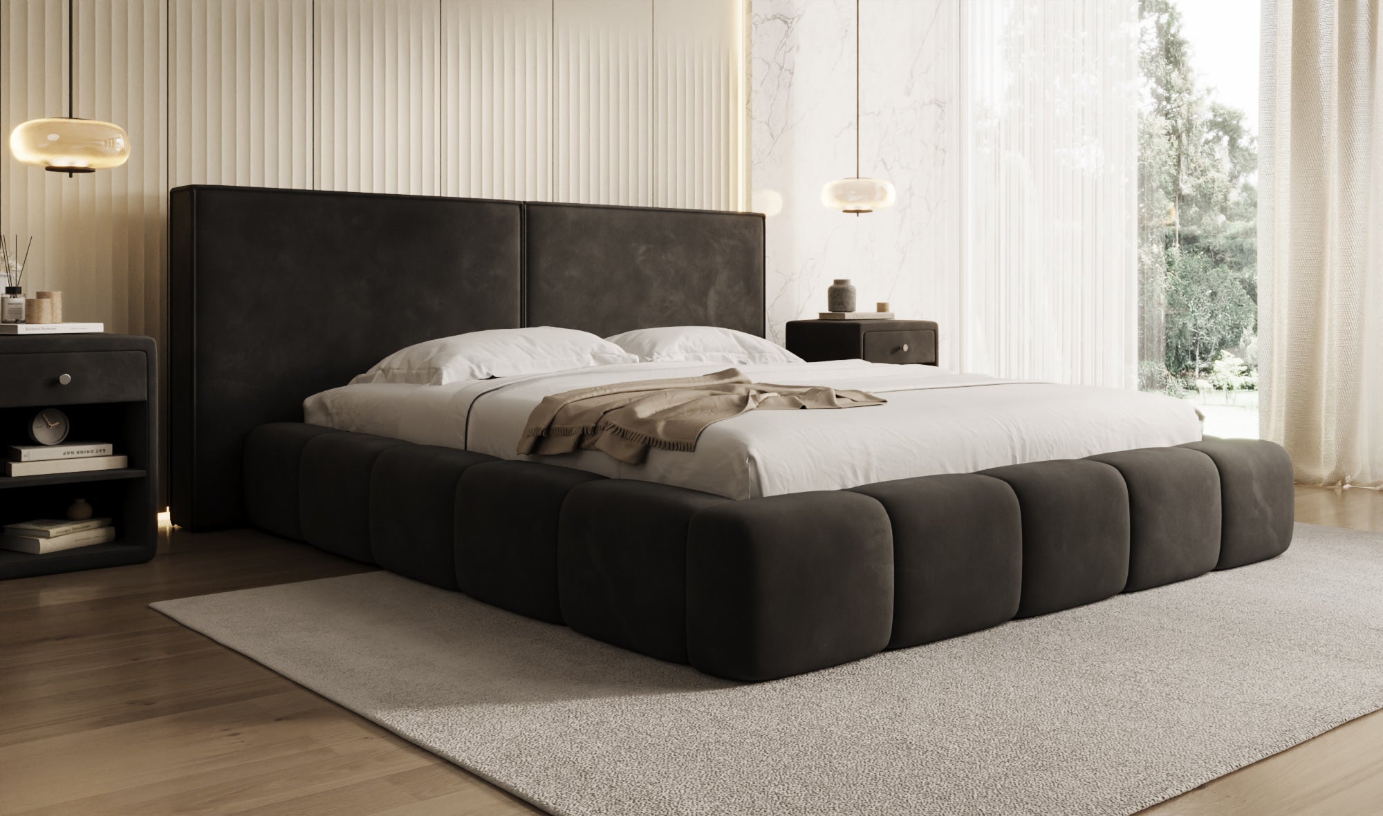 Designer upholstered bed Elise in velvet with storage