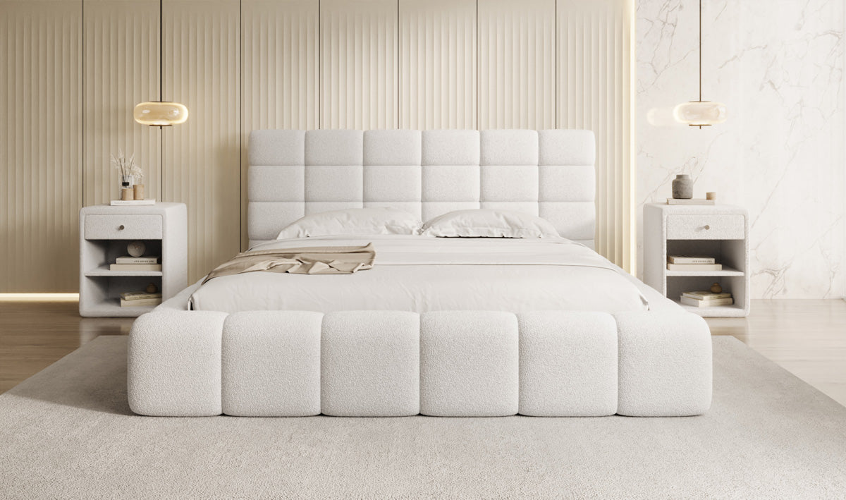 Designer upholstered bed Marshmallow in teddy bouclé with storage space