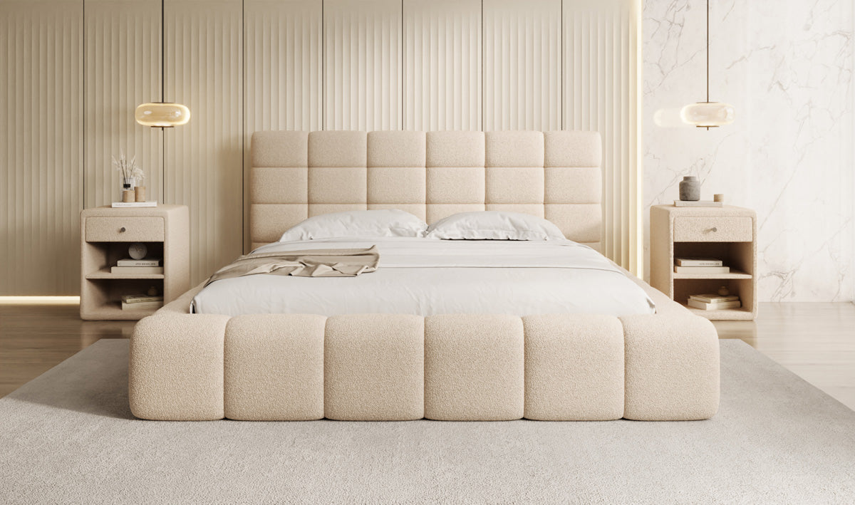 Designer upholstered bed Marshmallow in teddy bouclé with storage space