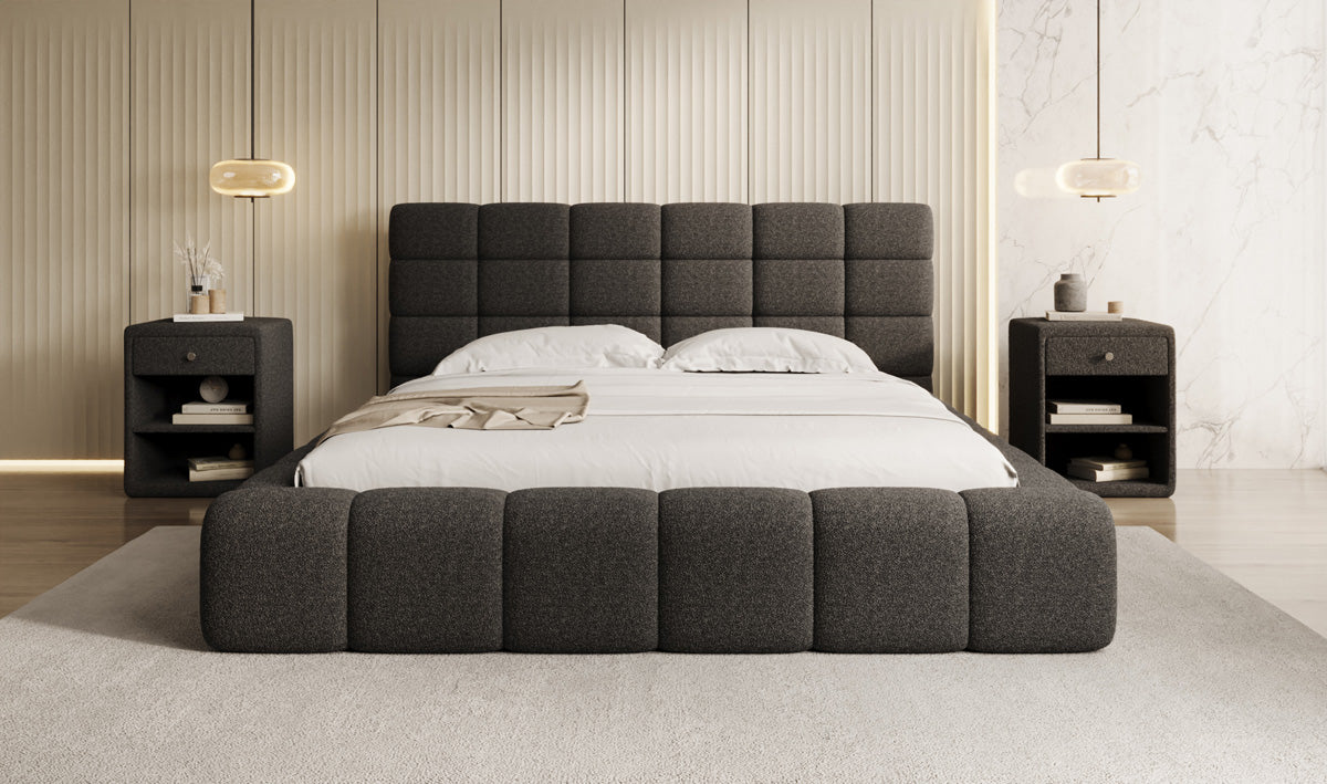 Designer upholstered bed Marshmallow in teddy bouclé with storage space