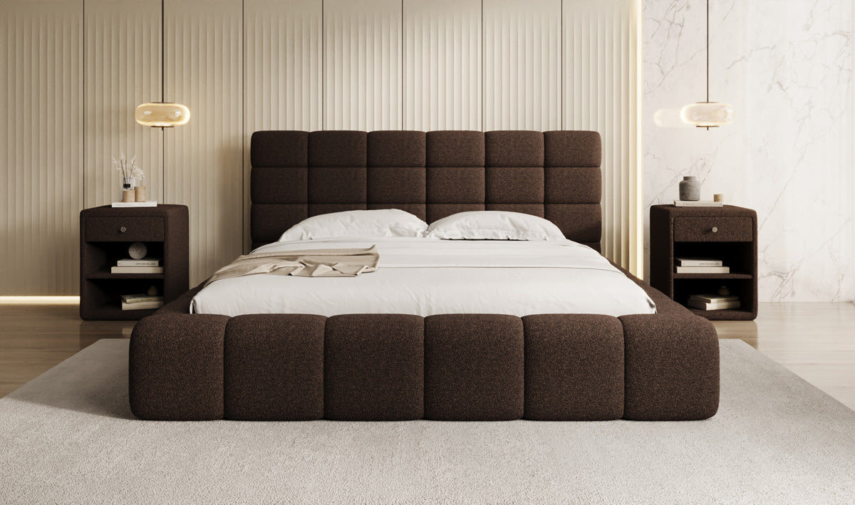 Designer upholstered bed Marshmallow in teddy bouclé with storage space
