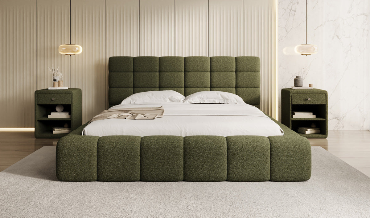 Designer upholstered bed Marshmallow in teddy bouclé with storage space