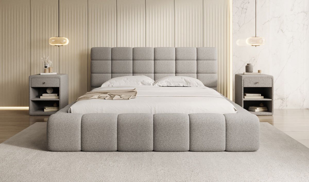 Designer upholstered bed Marshmallow in teddy bouclé with storage space
