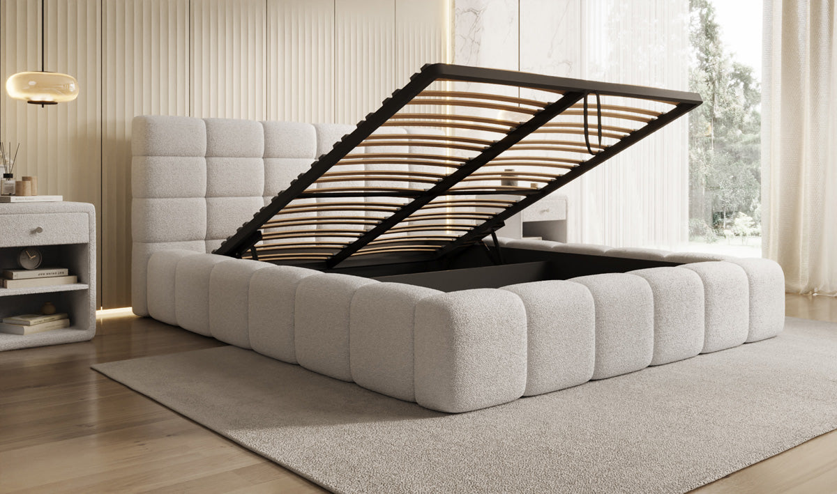 Designer upholstered bed Marshmallow in teddy bouclé with storage space