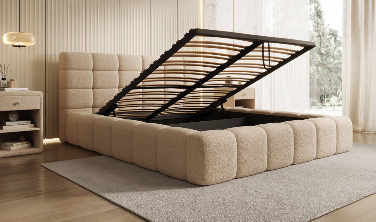 Designer upholstered bed Marshmallow in teddy bouclé with storage space