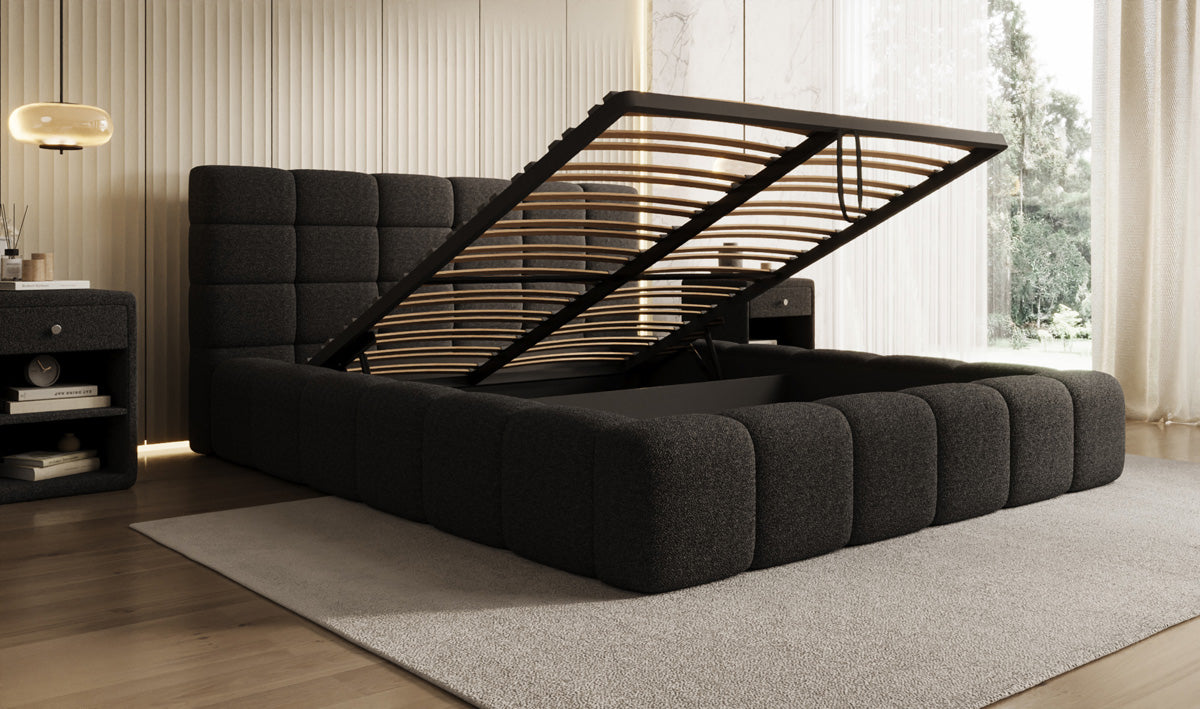 Designer upholstered bed Marshmallow in teddy bouclé with storage space