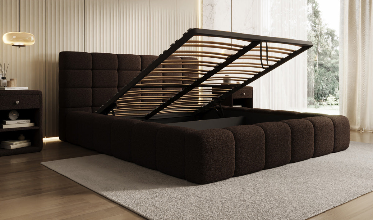 Designer upholstered bed Marshmallow in teddy bouclé with storage space