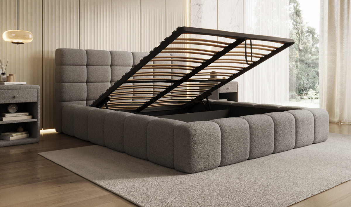 Designer upholstered bed Marshmallow in teddy bouclé with storage space