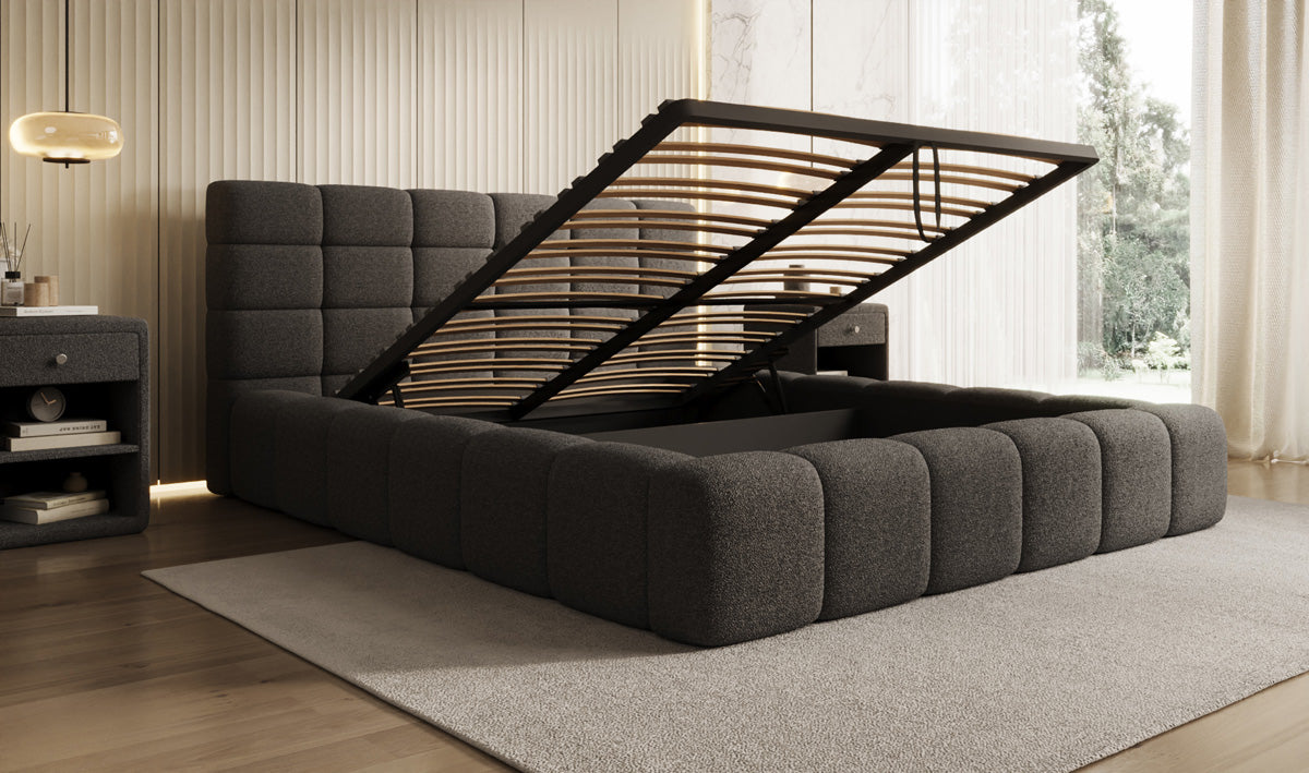 Designer upholstered bed Marshmallow in teddy bouclé with storage space