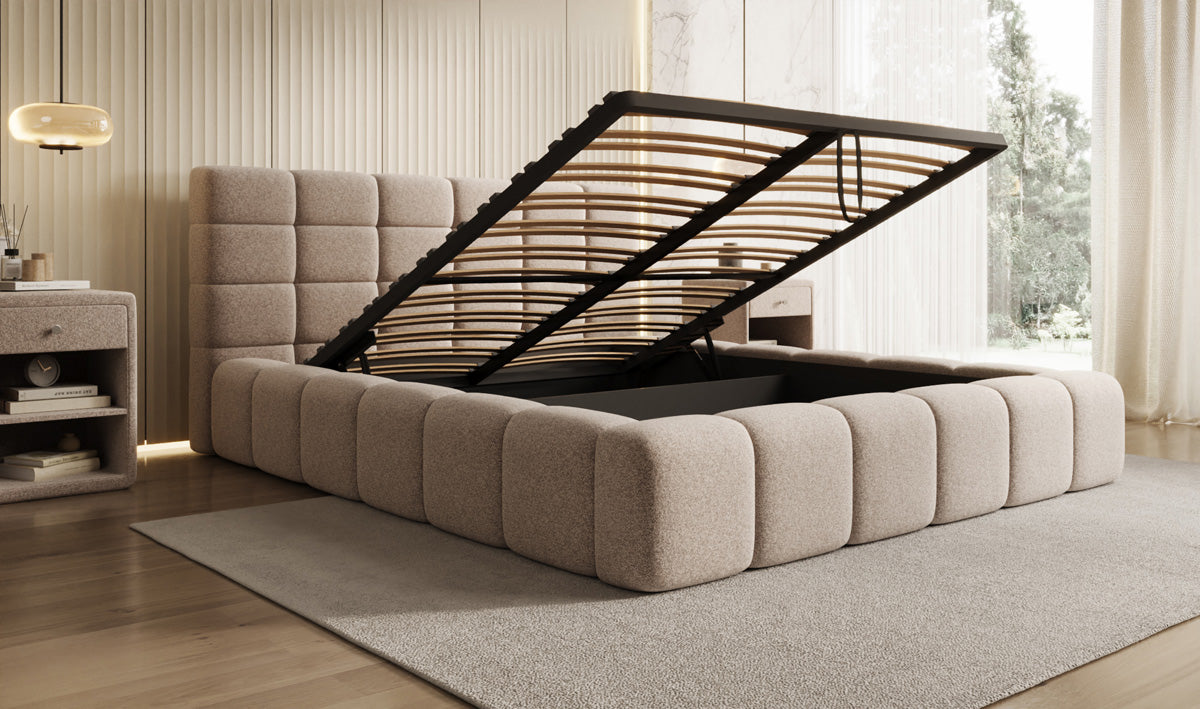 Designer-Polsterbett Marshmallow aus Strukturstoff mat Stauraum