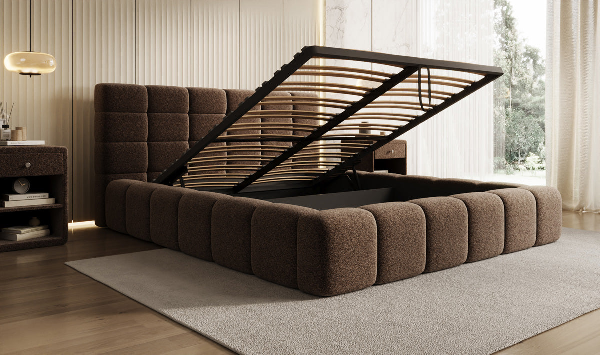 Designer-Polsterbett Marshmallow aus Strukturstoff mat Stauraum