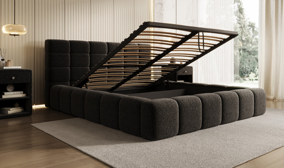 Designer-Polsterbett Marshmallow aus Strukturstoff mat Stauraum
