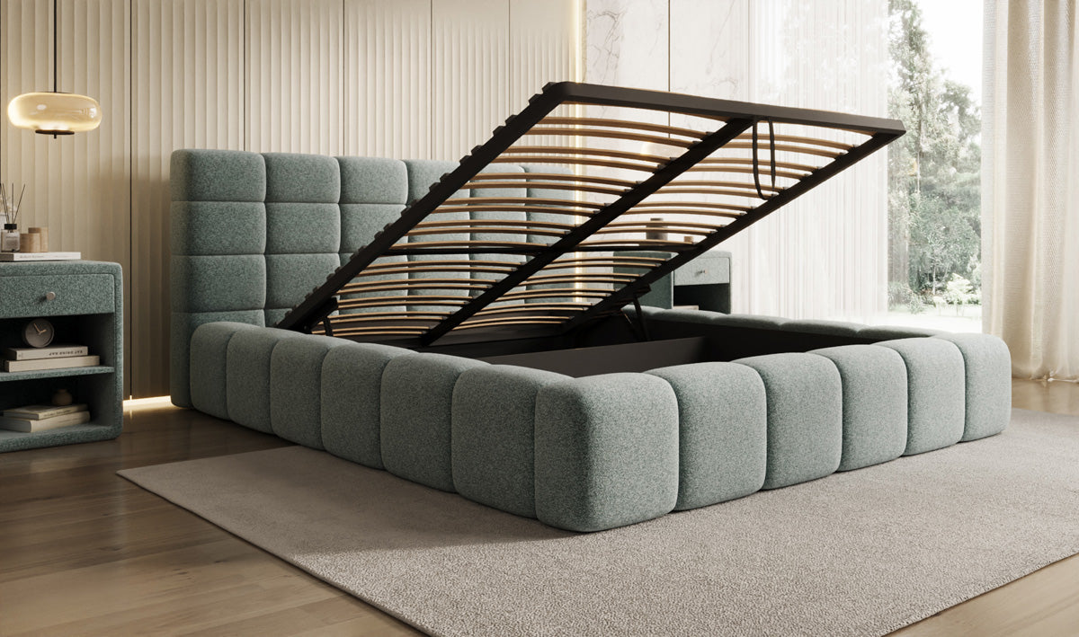 Designer-Polsterbett Marshmallow aus Strukturstoff mat Stauraum