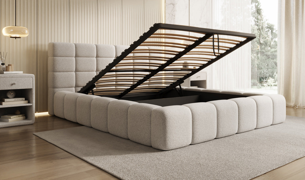 Designer-Polsterbett Marshmallow aus Strukturstoff mat Stauraum