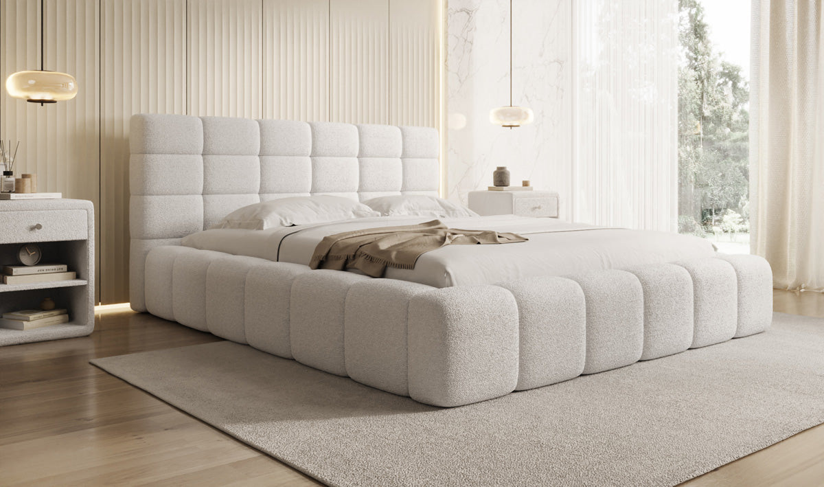 Designer upholstered bed Marshmallow in teddy bouclé with storage space