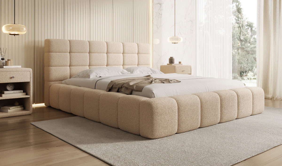 Designer upholstered bed Marshmallow in teddy bouclé with storage space