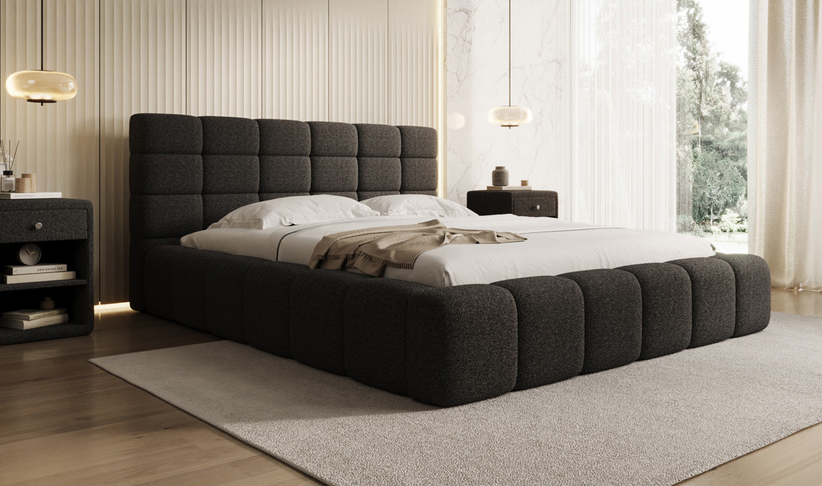 Designer upholstered bed Marshmallow in teddy bouclé with storage space