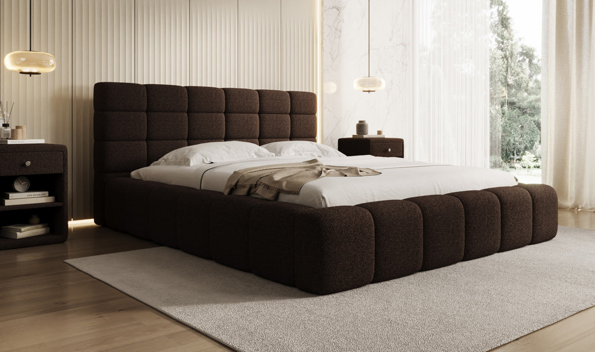 Designer upholstered bed Marshmallow in teddy bouclé with storage space