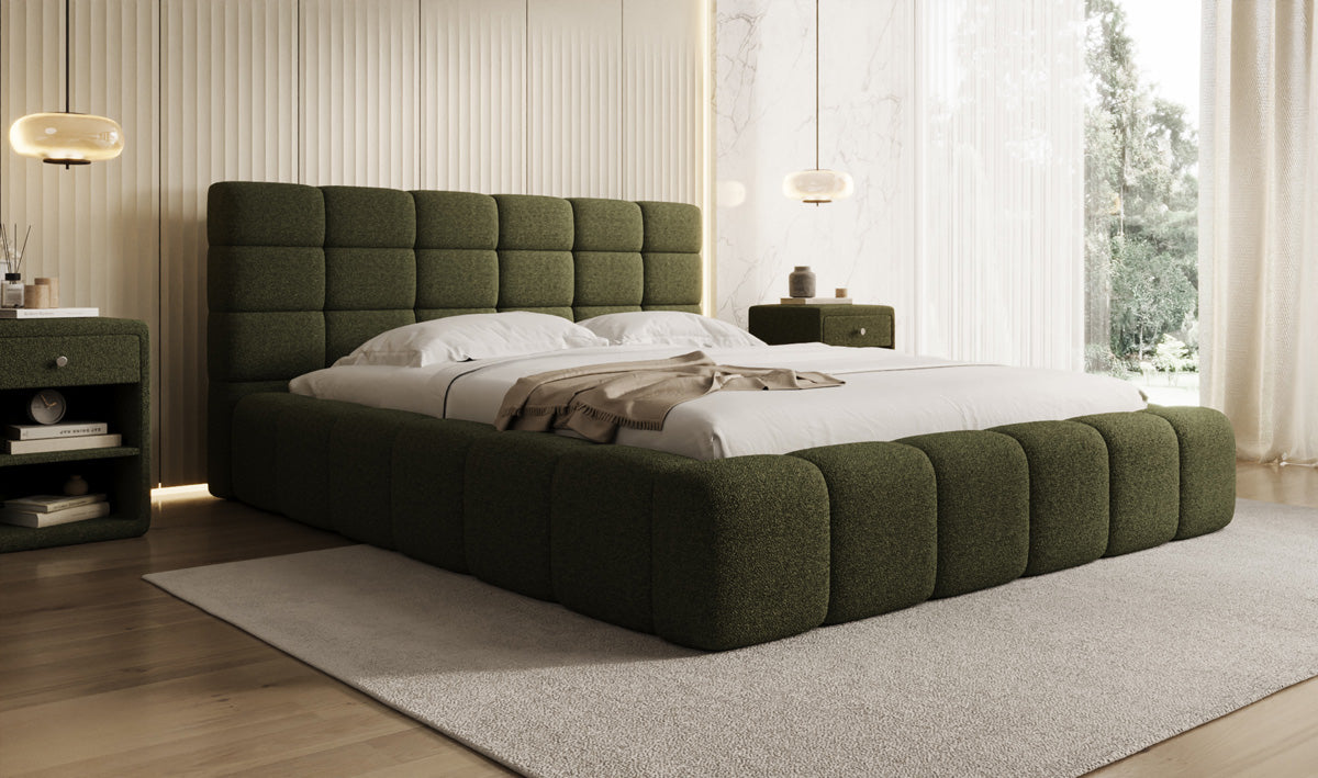 Designer upholstered bed Marshmallow in teddy bouclé with storage space