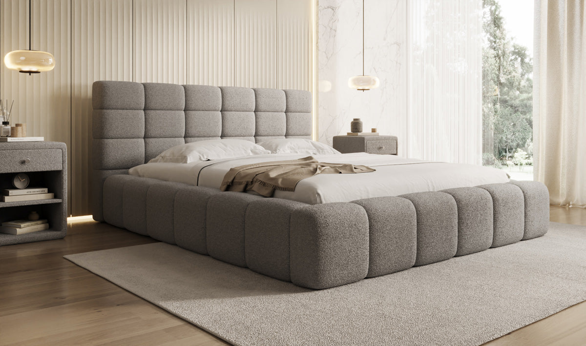 Designer upholstered bed Marshmallow in teddy bouclé with storage space