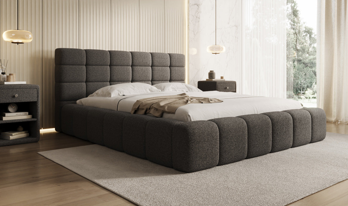 Designer upholstered bed Marshmallow in teddy bouclé with storage space