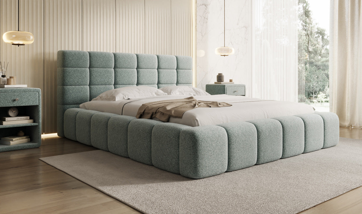 Designer-Polsterbett Marshmallow aus Strukturstoff mat Stauraum