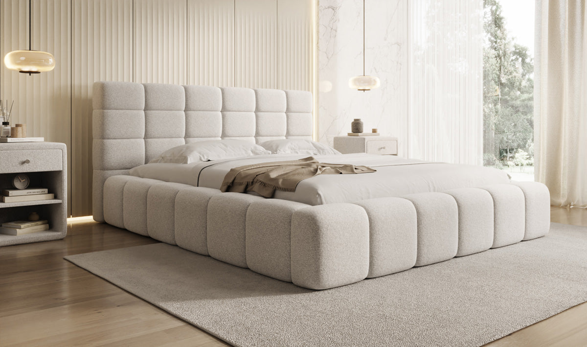 Designer-Polsterbett Marshmallow aus Strukturstoff mat Stauraum