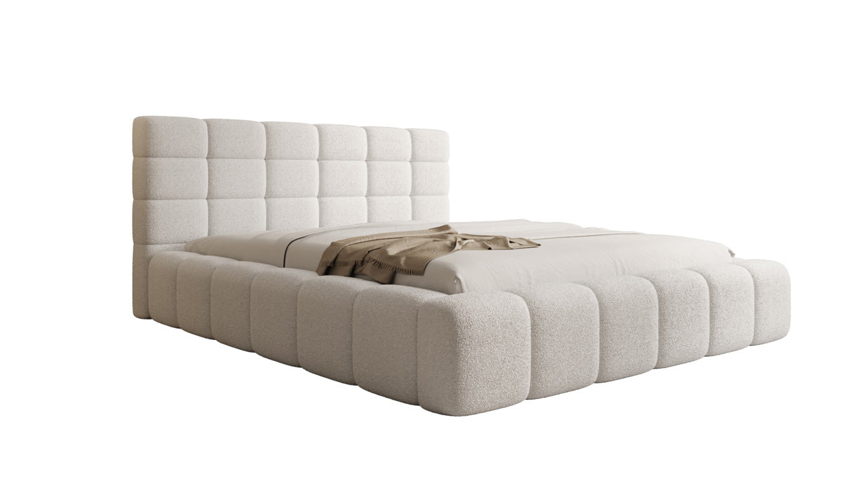 Designer upholstered bed Marshmallow in teddy bouclé with storage space
