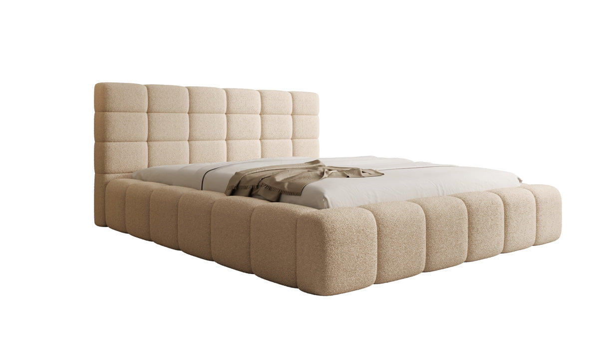 Designer upholstered bed Marshmallow in teddy bouclé with storage space