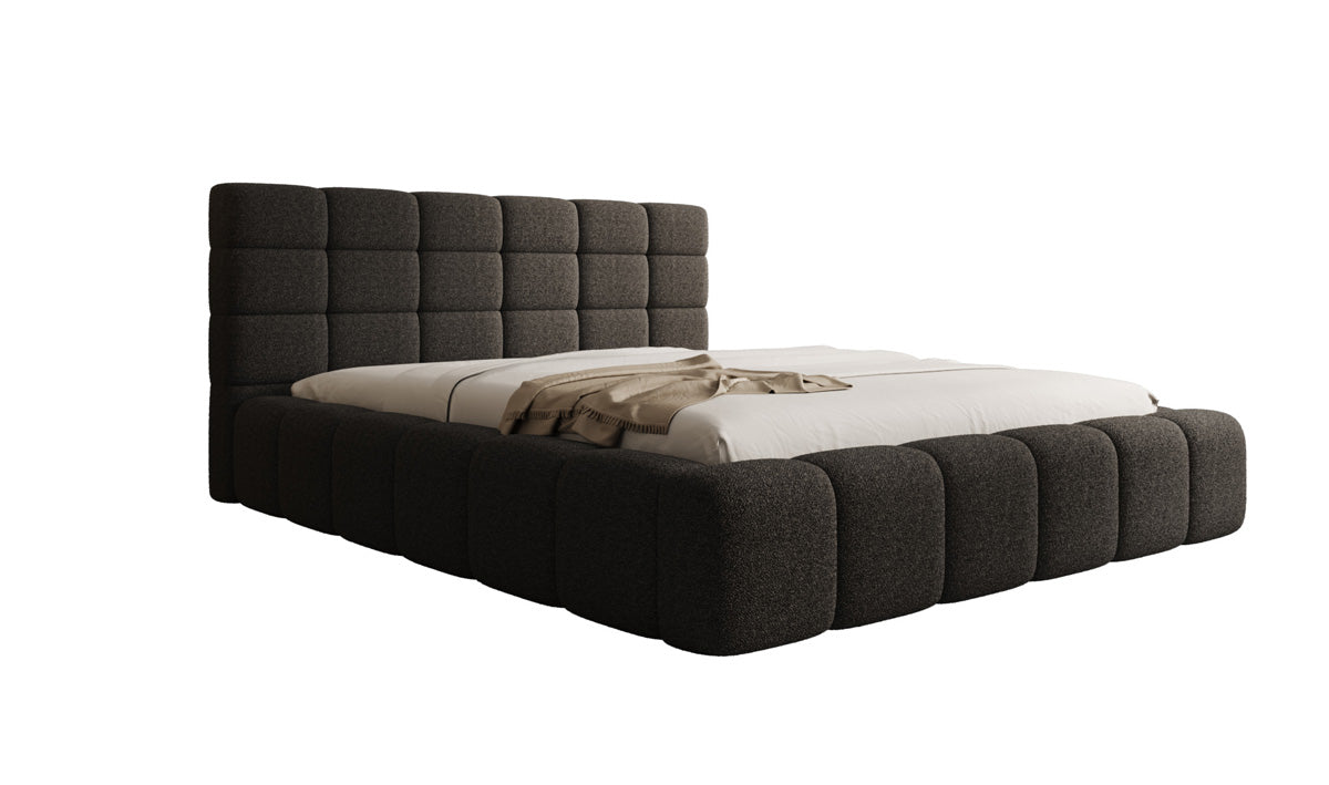 Designer upholstered bed Marshmallow in teddy bouclé with storage space