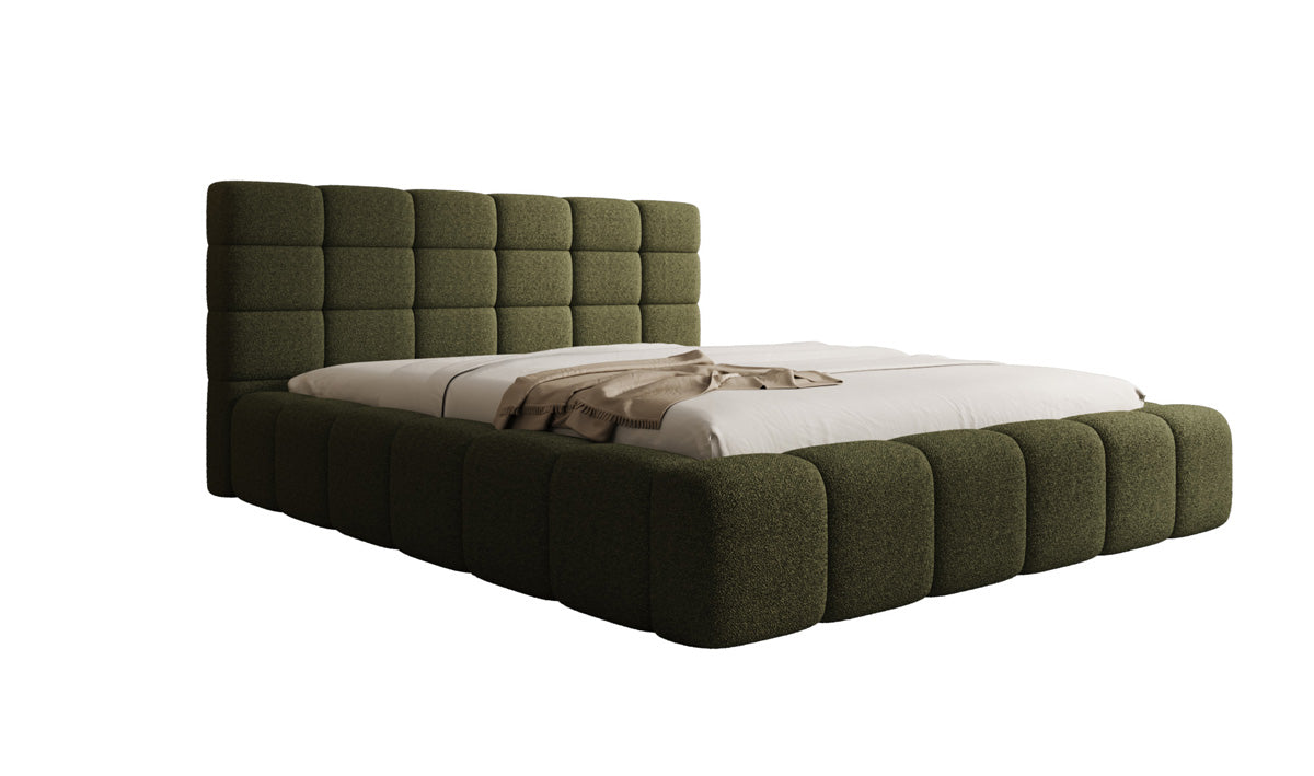 Designer upholstered bed Marshmallow in teddy bouclé with storage space