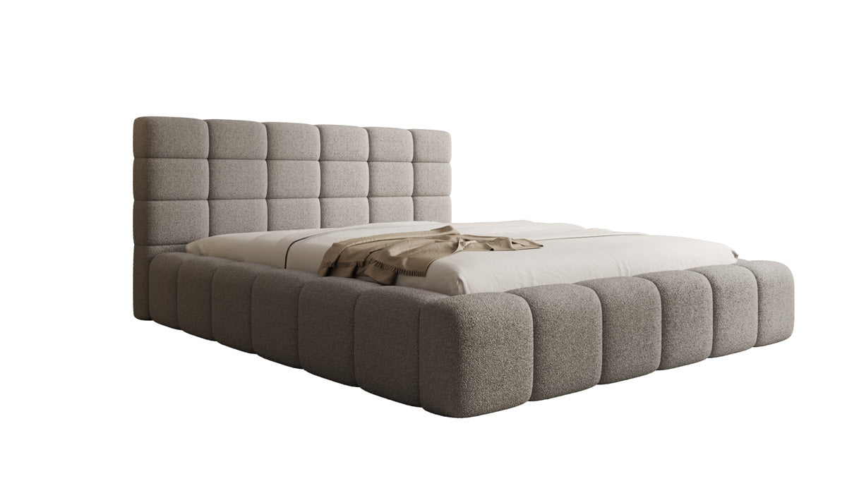 Designer upholstered bed Marshmallow in teddy bouclé with storage space
