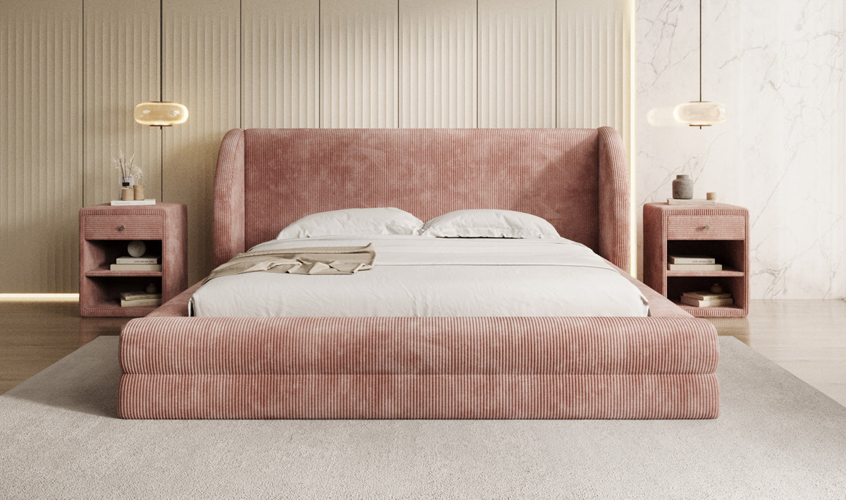 Lit rembourré design Liv en Côtelé avec espace de rangement