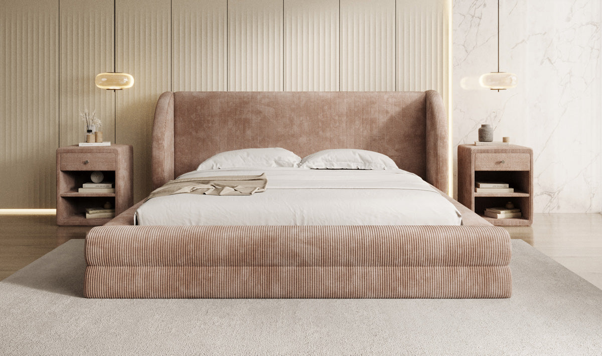 Lit rembourré design Liv en Côtelé avec espace de rangement