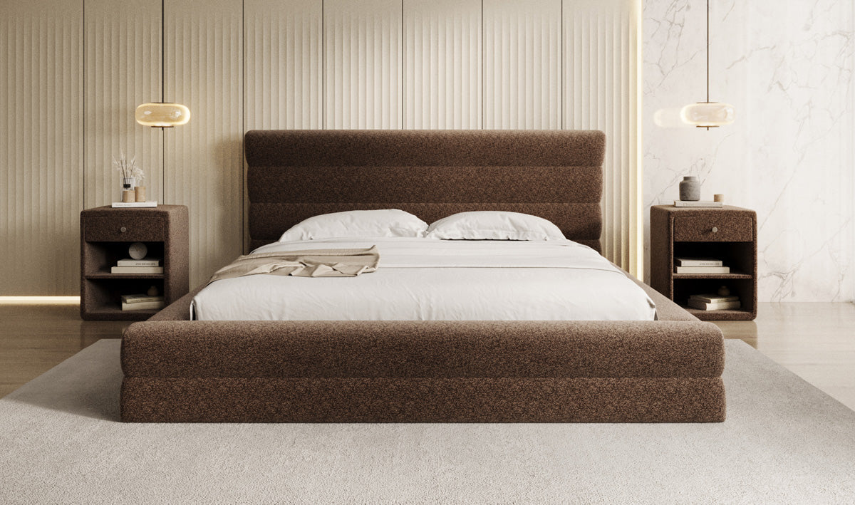 Designer upholstered bed Maren in textured fabric with storage