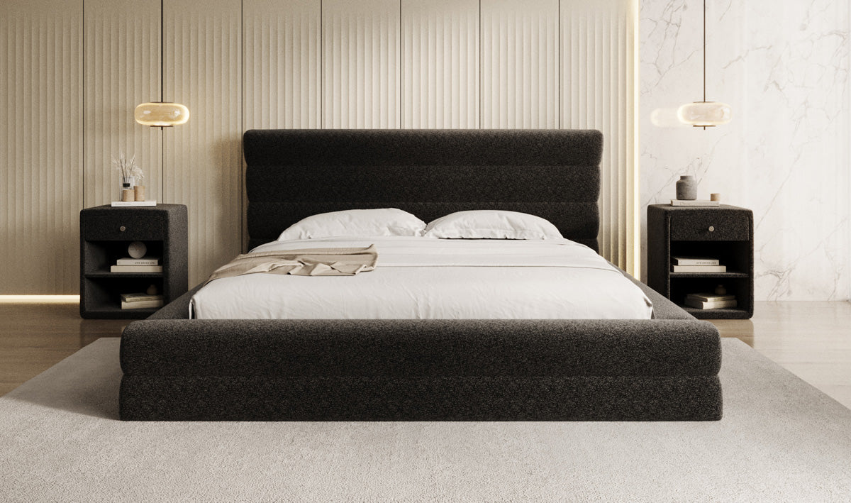 Designer upholstered bed Maren in textured fabric with storage