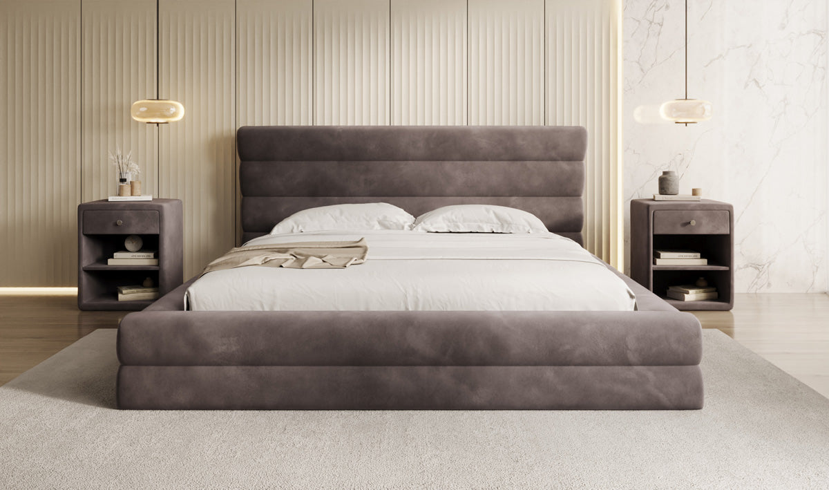Lit rembourré design Maren en Velours avec espace de rangement