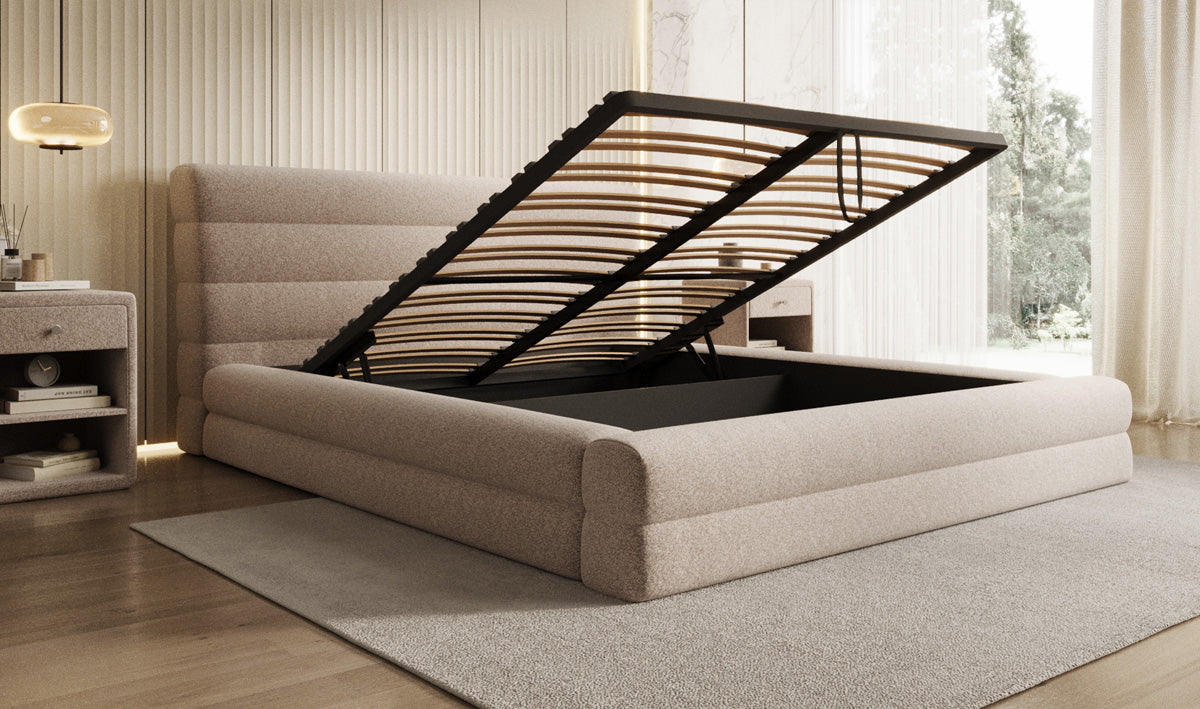 Designer upholstered bed Maren in textured fabric with storage