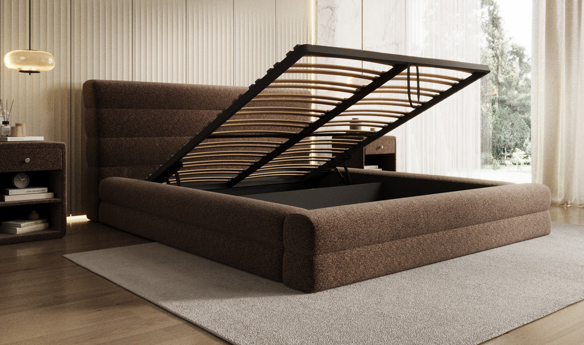 Designer upholstered bed Maren in textured fabric with storage