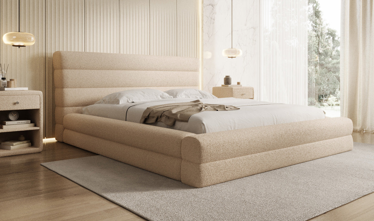 Lit rembourré design Maren en Peluche Bouclé avec espace de rangement