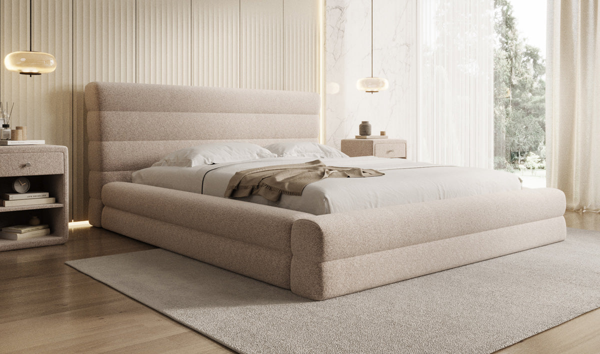 Designer upholstered bed Maren in textured fabric with storage