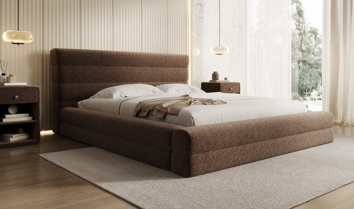 Designer upholstered bed Maren in textured fabric with storage
