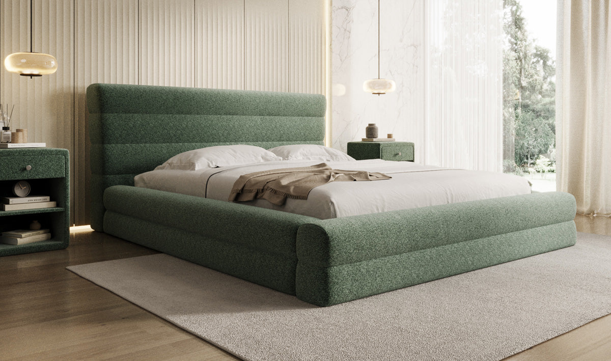 Designer upholstered bed Maren in textured fabric with storage