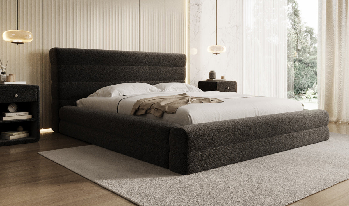 Designer upholstered bed Maren in textured fabric with storage