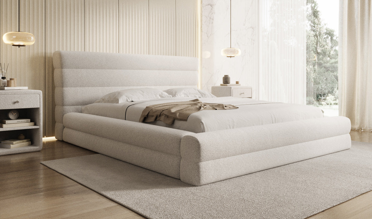 Designer upholstered bed Maren in textured fabric with storage