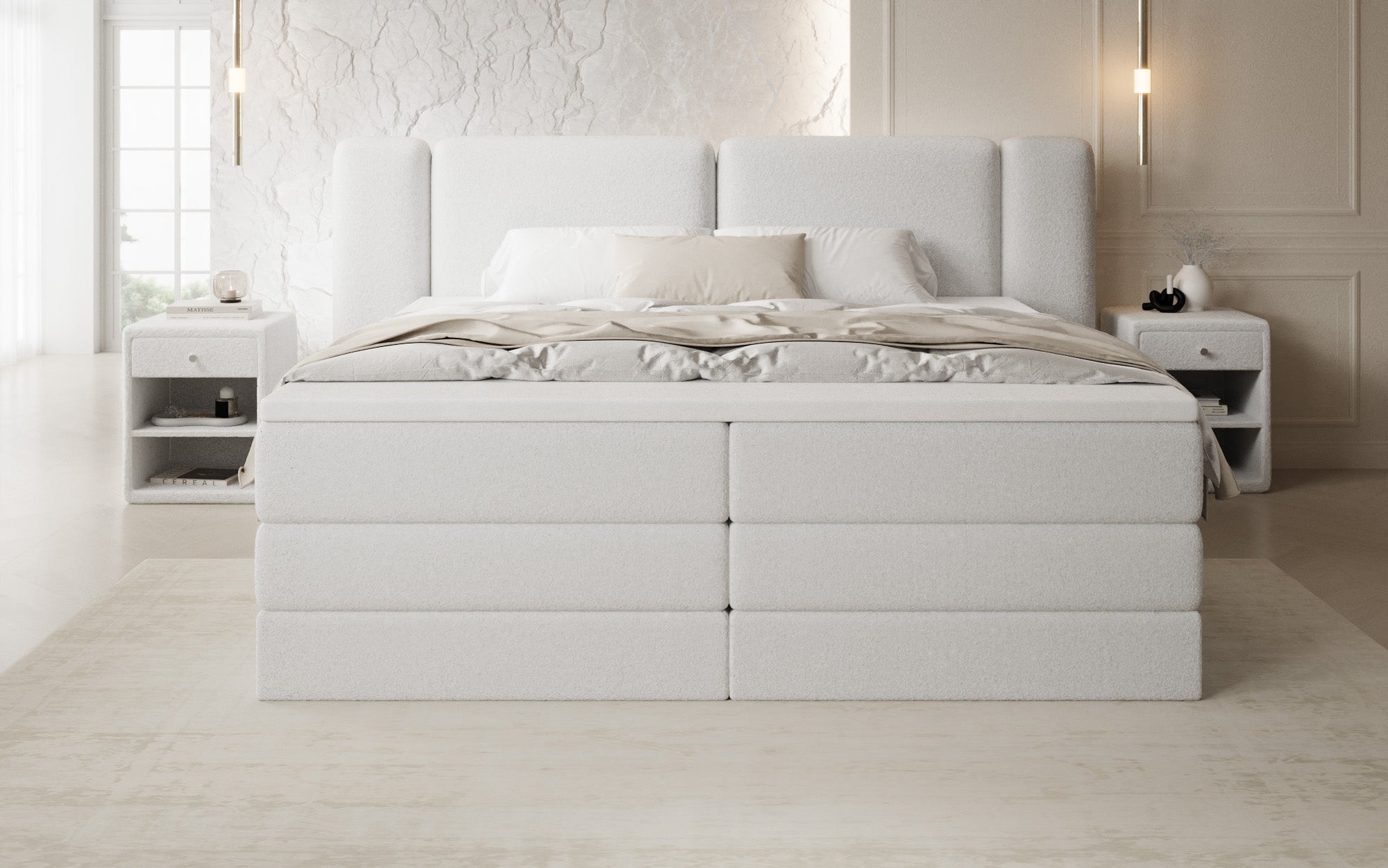 Lit boxspring Leni avec espace de rangement relevable en Peluche Bouclé